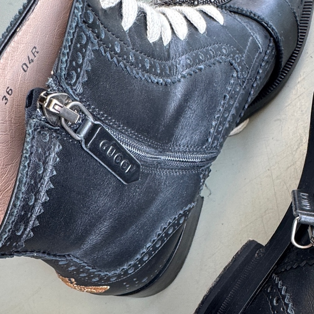 Authentic GUCCI Women's Queercore Leather Buckled Lace Up Booties in Black - 36 - Picture 7 of 10